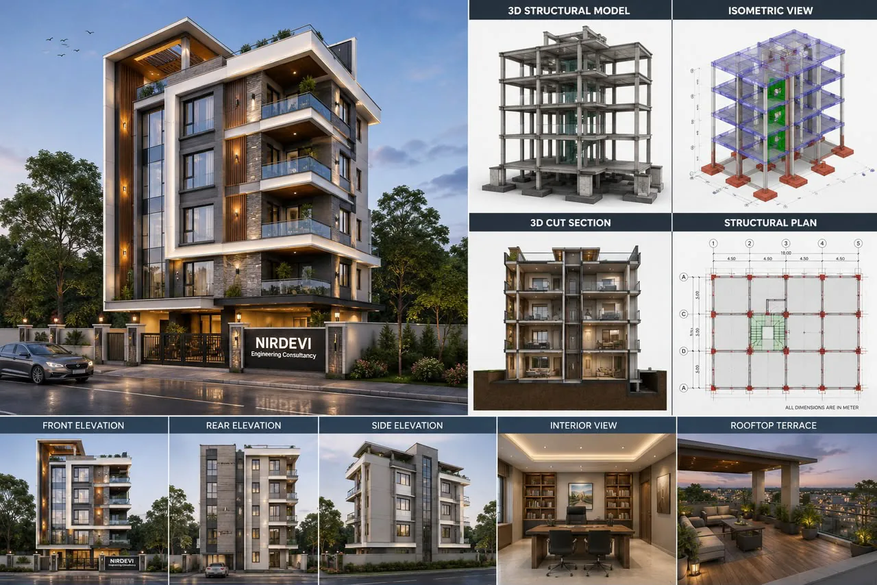 Architectural and structural visualisation of a Nirdevi Engineering Consultancy project — 3D structural model, isometric view, cut section, structural plan, and front, rear and side elevations
